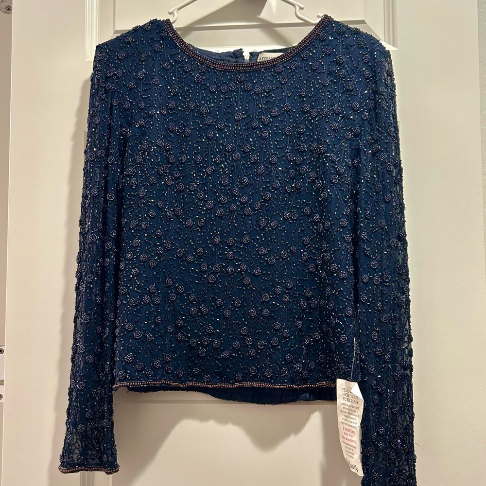 BRAND NEW WITH TAG Adrianna Papell Embellished Beaded Navy Long-Sleeve Silk Top